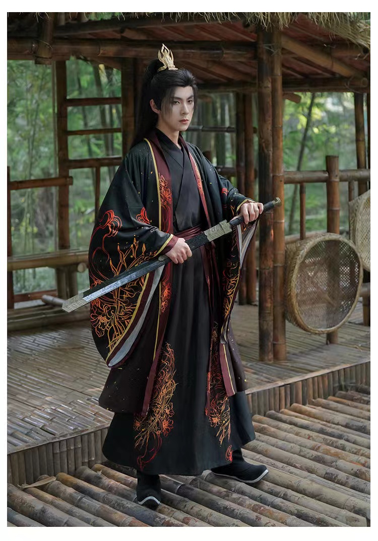 레오 별자리 원래 Hanfu 남자 Weijin 기간 봄 여름 전통 의상 빈티지 인쇄 영웅 코스프레 옷 소년