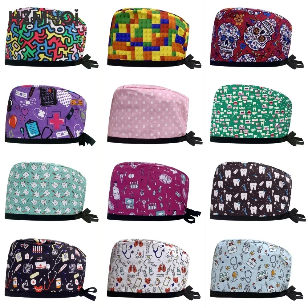 Tampas de enfermeira ajustáveis para mulheres, Impressão médica, Algodão puro, Boné cirúrgico, Pet Veterinário Scrub Hat, Chapéu de trabalho do dentista