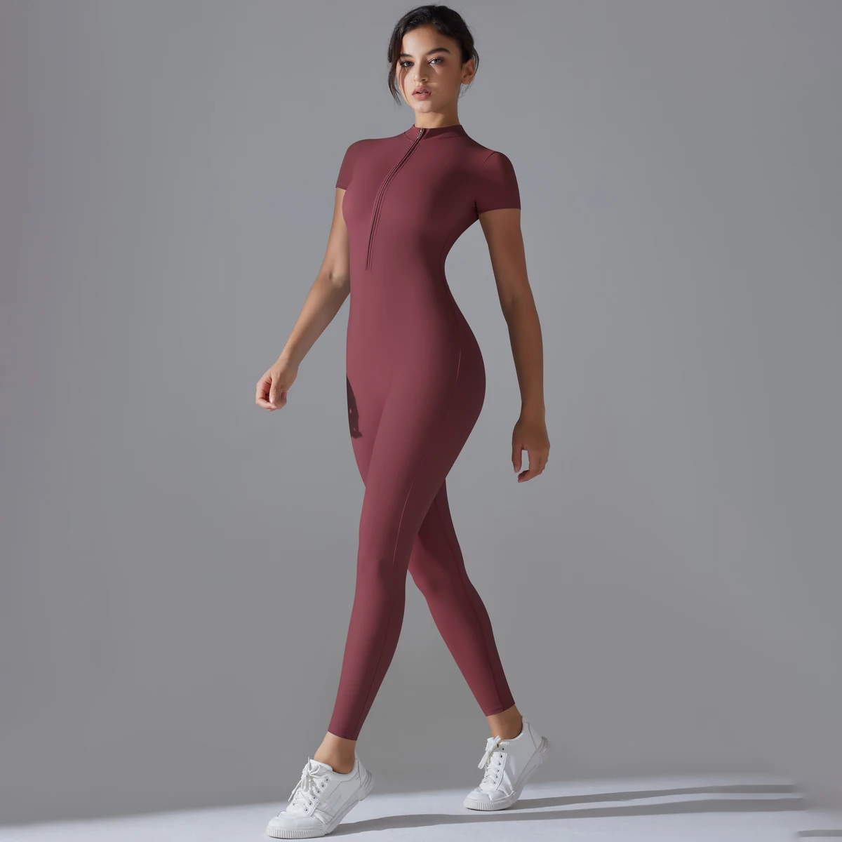 Bodysuit com zíper ioga para mulheres, manga curta, conjunto ioga, shapewear esportivo, cor sólida, nylon, roupa de ginástica, 1 pc