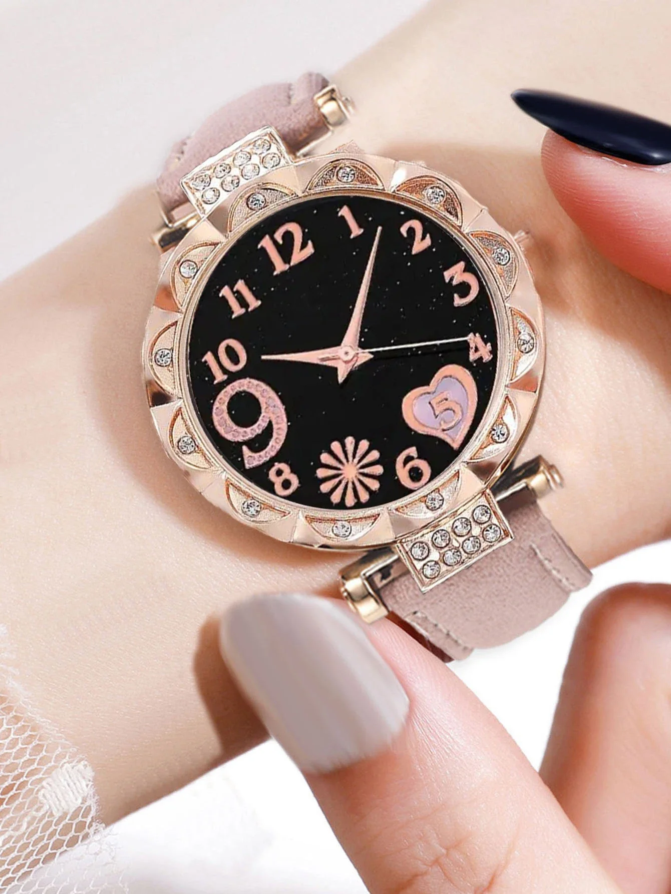 Reloj de cuarzo a la moda para mujer, reloj de pulsera analógico con banda de cuero rosa de lujo, conjunto de pulsera de vestir para mujer, 6 uds.