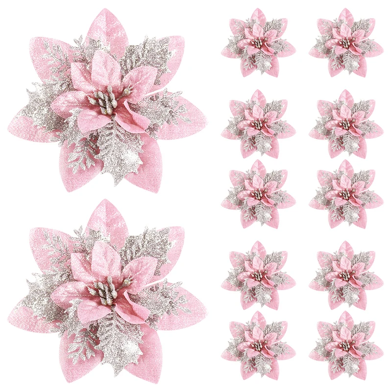 5/10 Stücke Glitter Rosa Weihnachtsblumen Weihnachtsbaum 14 cm Künstliche Blumenornamente 2024 Weihnachtsdekoration Für Zuhause Neujahr