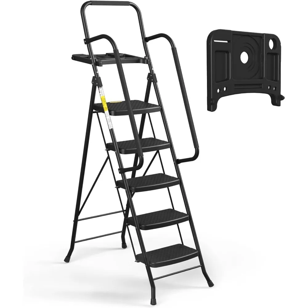 Escalera plegable de 5 escalones con bandeja para herramientas, escalera de acero antideslizante, máx. Capacidad de Carga 150 Kg
