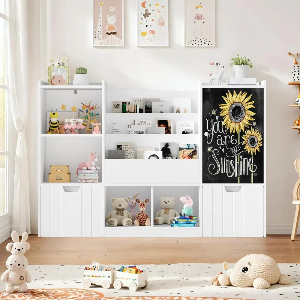"Toy Storage Organizer, 55.1” Large Bookshelf & Storage Unit with Chalkboard – Includes 2 Mobile Bins for Kids’ Room Organiza
