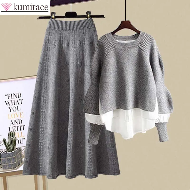 Conjunto de otoño e invierno para mujer, suéter de punto falso adelgazante de dos piezas, media falda reductora de edad, conjunto de dos piezas 2024