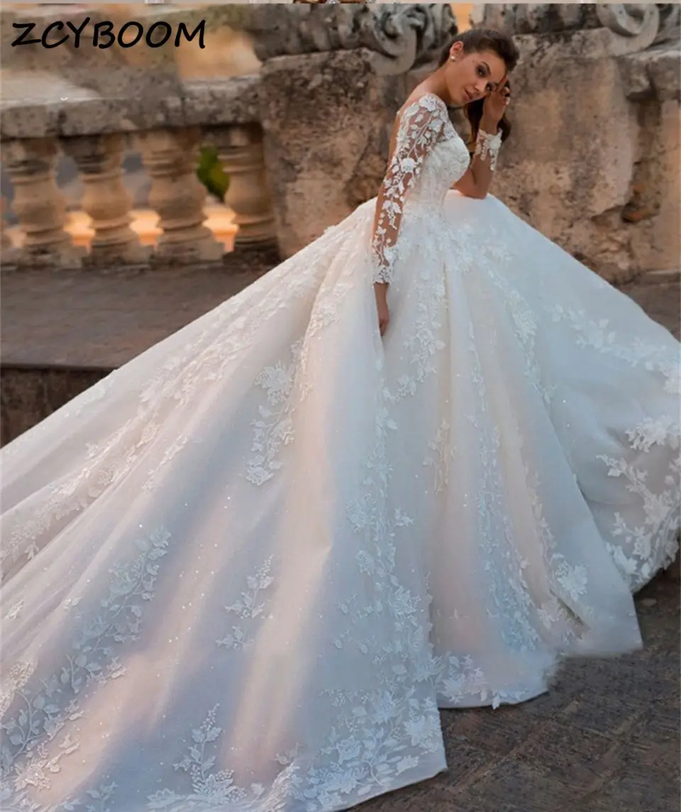Maßgeschneidertes weiß/elfenbeinfarbenes, volles Ärmel, Applikationen, rückenfreies Hochzeitskleid 2025, Ballkleider, Hofzug, Brautkleider, Vestido De Noiva