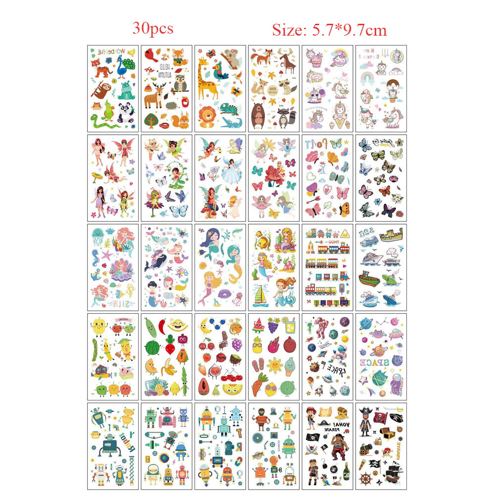 30 個一時的なタトゥー子供のためのユニコーンマーメイドカーフルーツ漫画タトゥーステッカー手ボディフェイクタトゥー防水