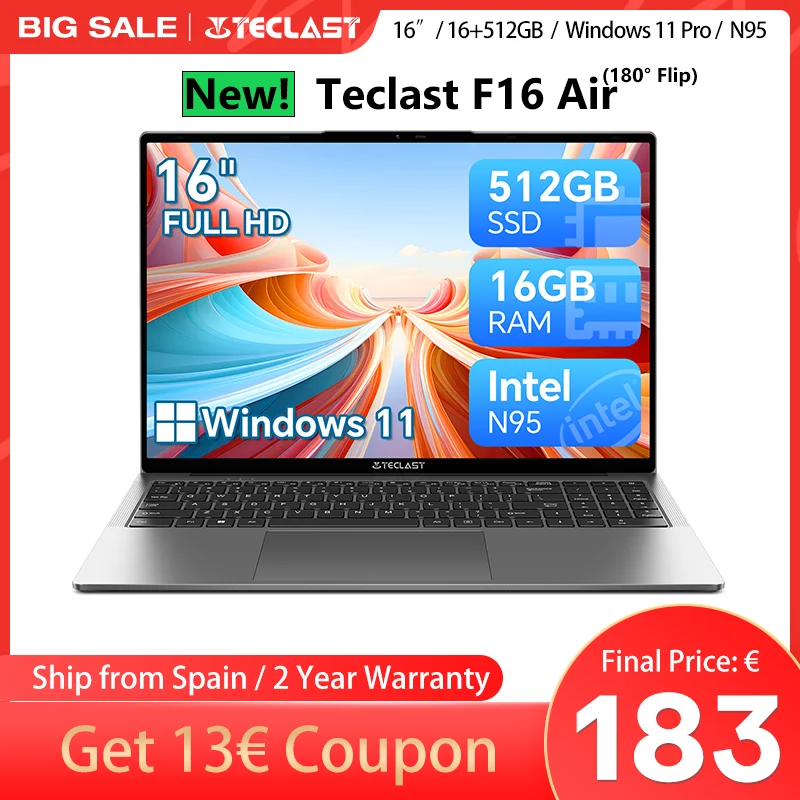 Laptop Teclast F16 Air da 16 pollici, vibrazione a 180 gradi, 16 Gb+512 Gb, per CPU Intel N95, Windows 11, Mini Hdmi, tastiera retroilluminata