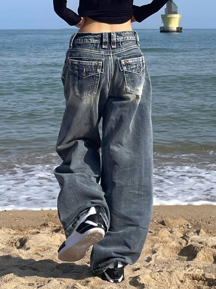 Wcfcx studio american vintage gewaschene Jeans mit weitem Bein Frauen hoch taillierte lässige vielseitige lose gerade Jeans hose