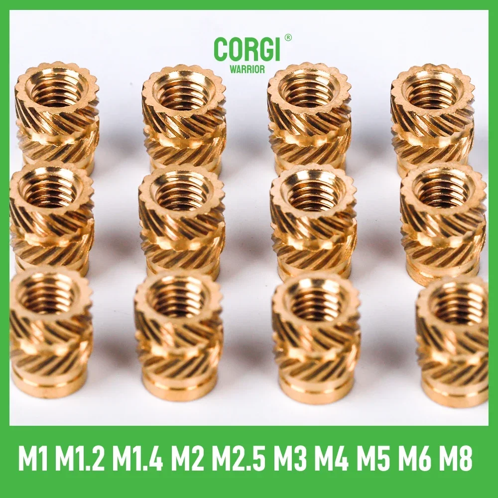 100/10 Uds tuerca de inserción de latón de rosca moleteada de fusión en caliente M1/M1.2/M1.4/M2/M2.5/M3/M4/M5/M6/M8 insertos de inserción roscados hembra incorporados