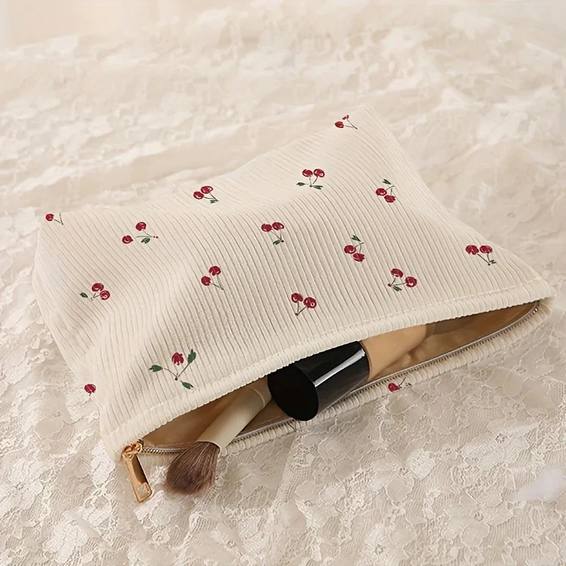 Modische Make-up-Tasche aus Cord mit Kirschmuster, großes Fassungsvermögen, leichte Make-up-Aufbewahrungsbox mit Reißverschluss, multifunktionale Tasche mit Futter