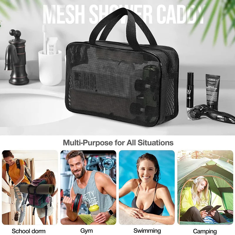 Borsa tote per doccia in rete Borsa per cosmetici Borsa per doccia multifunzionale Organizzatore da toilette portatile di grande capacità