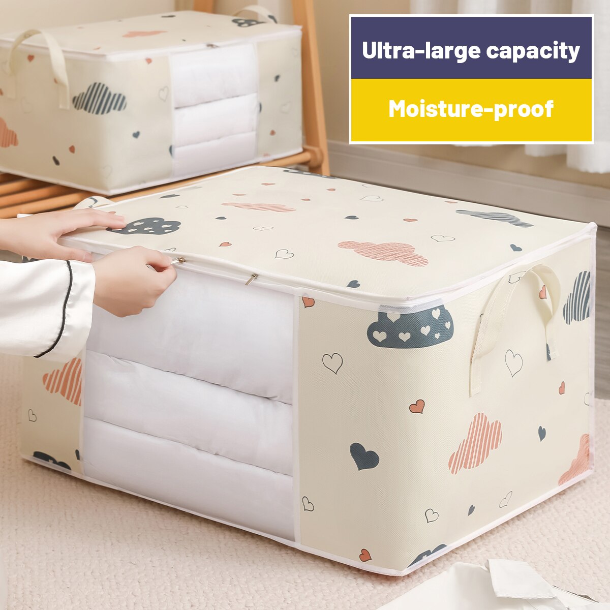 Saco De Armazenamento De Roupas De Grande Capacidade, Organizador com Alça Reforçada, Adequado para Cobertores, Cama, Dobrável, Zíper Resistente