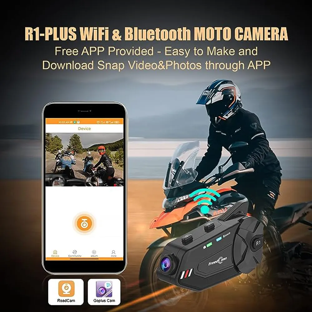 Freedconn r1プラスオートバイインターホンヘルメットダッシュカムBluetoothヘッドセットハンドフリーコミュニケータービデオレコード1080pインターホン
