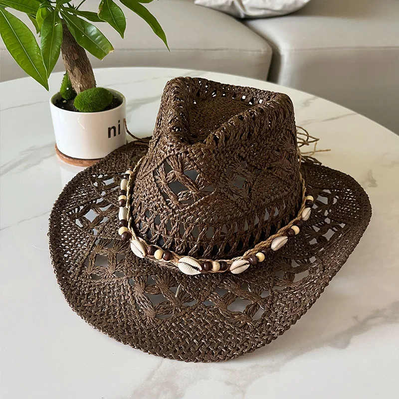 Sombrero de paja de concha bohemia de verano para playa, sombreros de vaquero para hombres y mujeres, cuentas de madera ahuecadas, sombrero de sol de ala ancha occidental, gorra de vacaciones