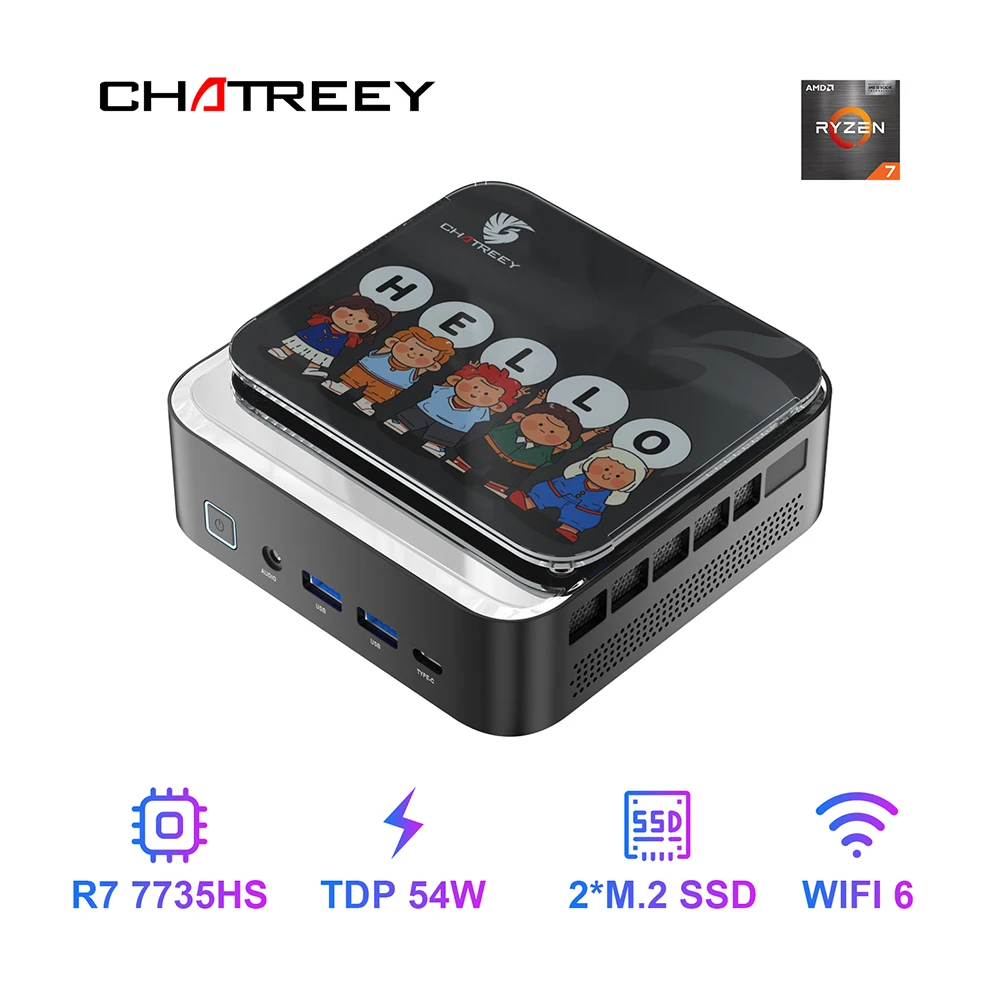 AMD Ryzen 7 7735HS 680M Chatreey AN3P Mini PC Computador de mesa para jogos com WiFi 6/Bluetooth 5.2//HDMI/DP