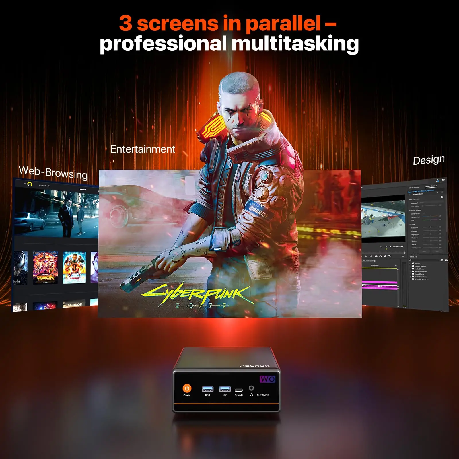 PELADN WO-4 Gaming-Mini-PC, AMD Ryzen 5 5600H (6C/12T, bis zu 4,2 GHz), 32 GB DDR4/1 TB SSD, Typ-C/DP/HD, WiFi6 4K/60 Hz Dreifach-Display