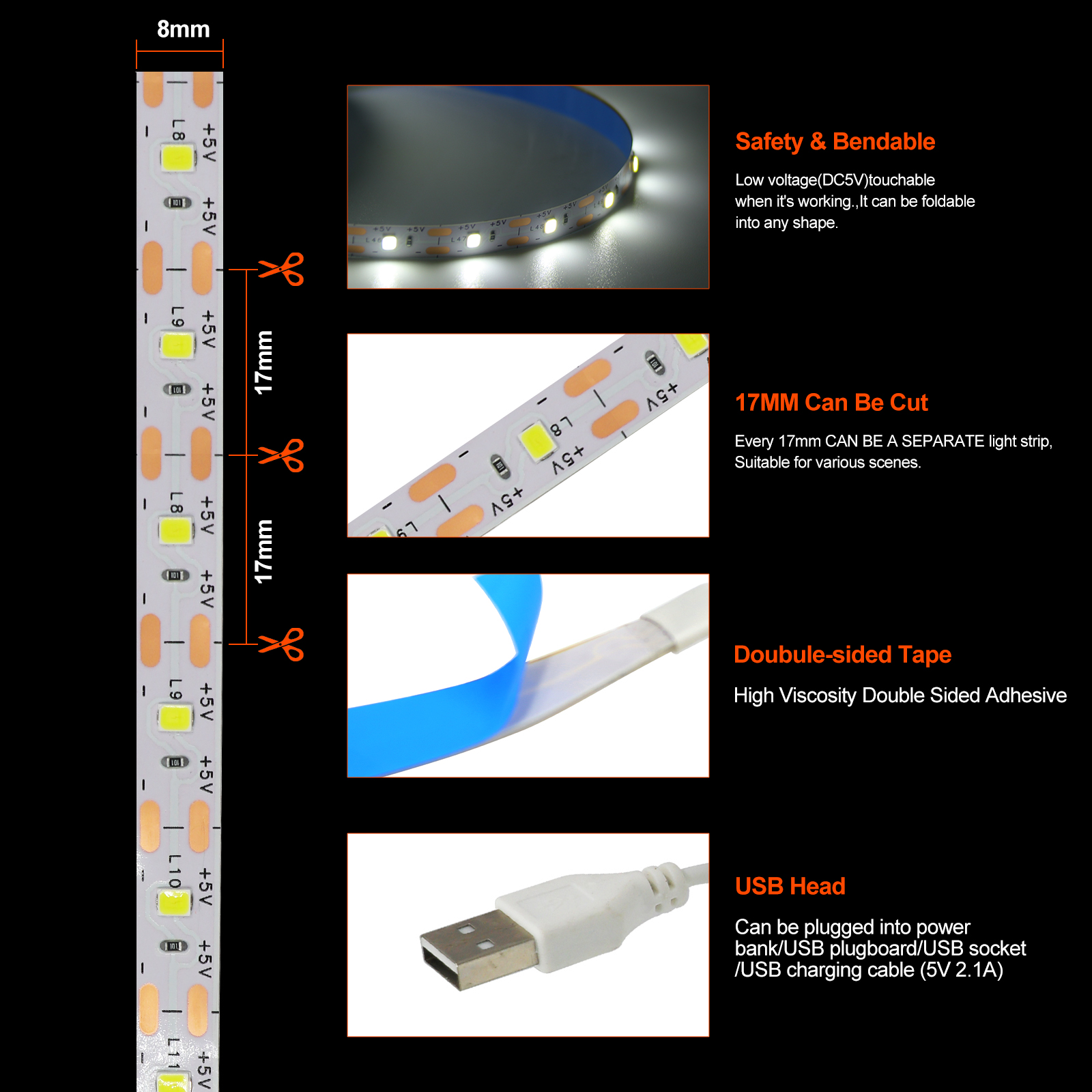 USB-LED-Streifenlicht DC5V 2835, mit Dimmer/EIN-AUS-Schalter, warm, kühl, weiß, rot, blau, grün, rosa, LED-Band, Deckenschrankleuchte