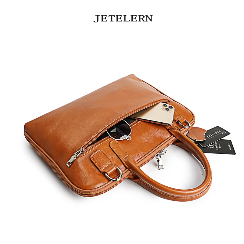 New Genuine Leather Women Handbag First Layer Cowhide Briefcase Thin Layer 14 Inch Computer Bag Portable Shoulder Work Bags