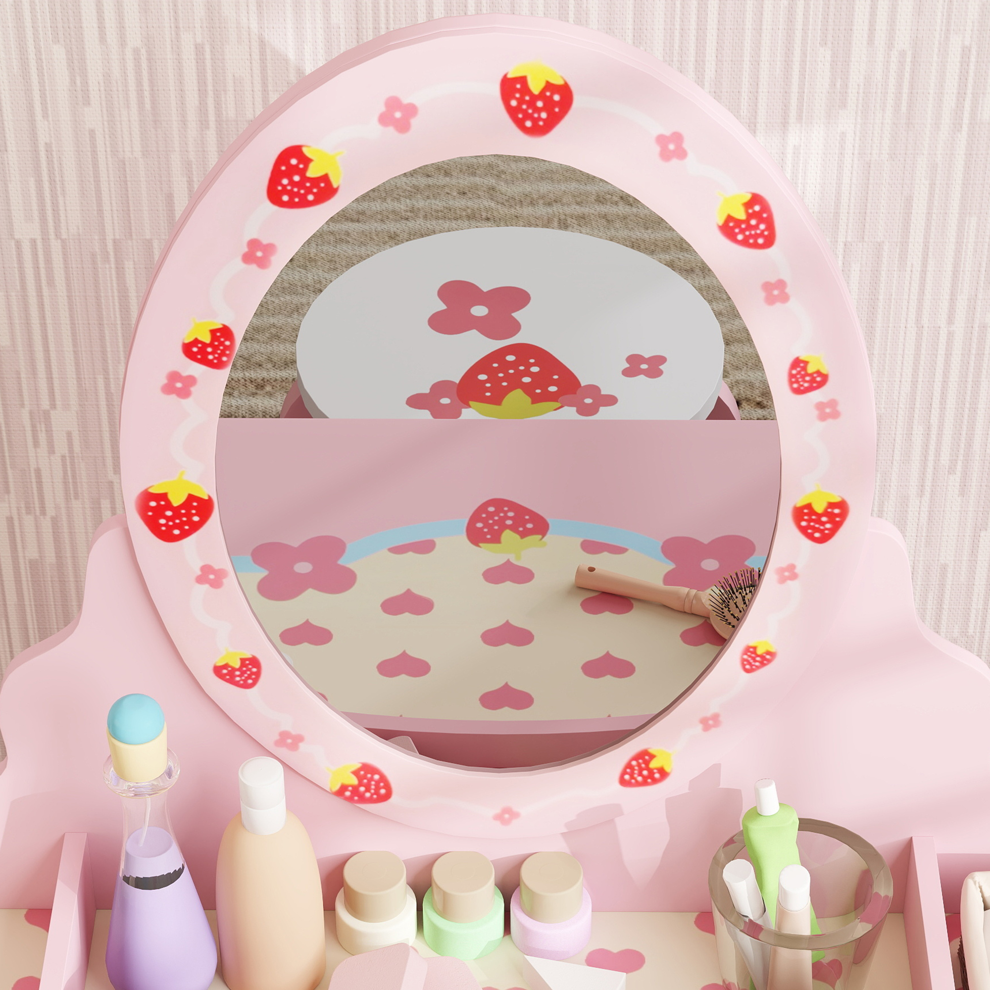 AIYAPLAY 2 PCS Children Vanity Table with Stool, Mirror, Desktop Storage, Strawberry Theme Girls Makeup Desk & Chair, Pink
