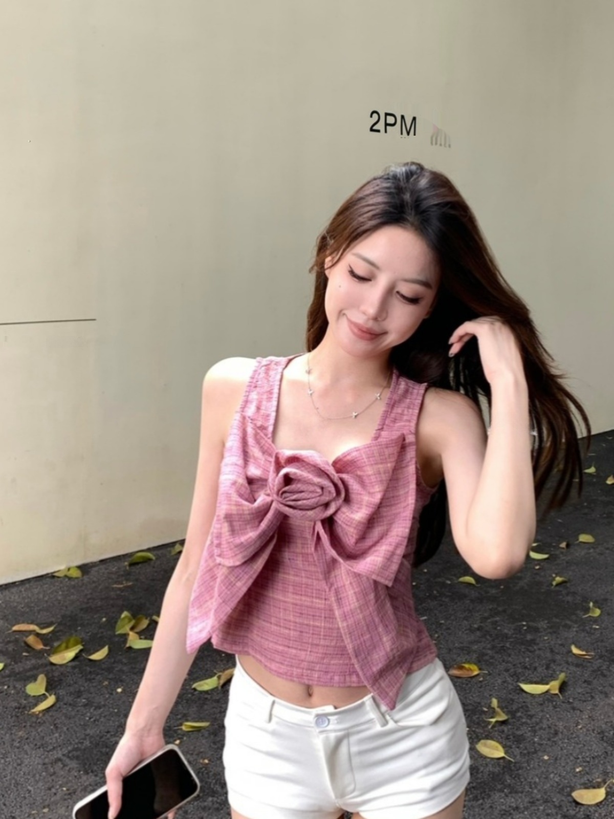 夏ショートレディースベストピンク 3D ラージボウタイアウターレトロチェック柄ストラップトップファッショナブルカジュアル通気性軽量