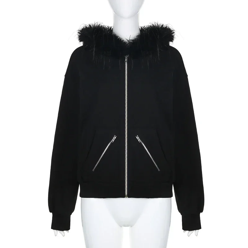 ผู้หญิงลําลองขนสัตว์ Zip Up Hoodies,Streetwear เก๋,ความงามกระเป๋าเสื้อสเวตเตอร์ถัก,แฟชั่นวินเทจ