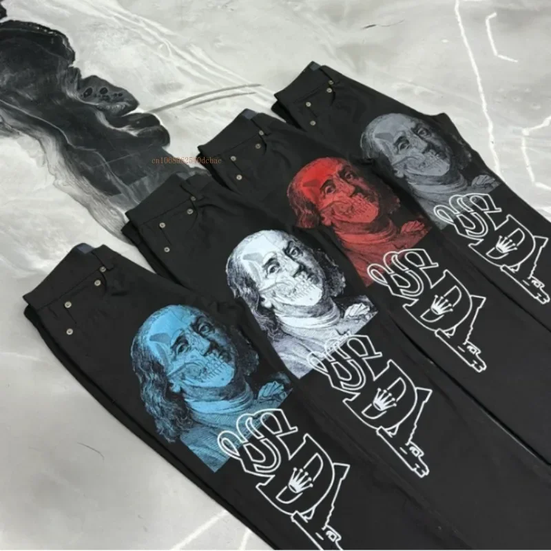 Schwarz Gerade Jeans Männer Frauen Ins Neue Net Rot Design Persönlichkeit Druck Breite Bein Hosen Winter Lose High Street Casual Jeans