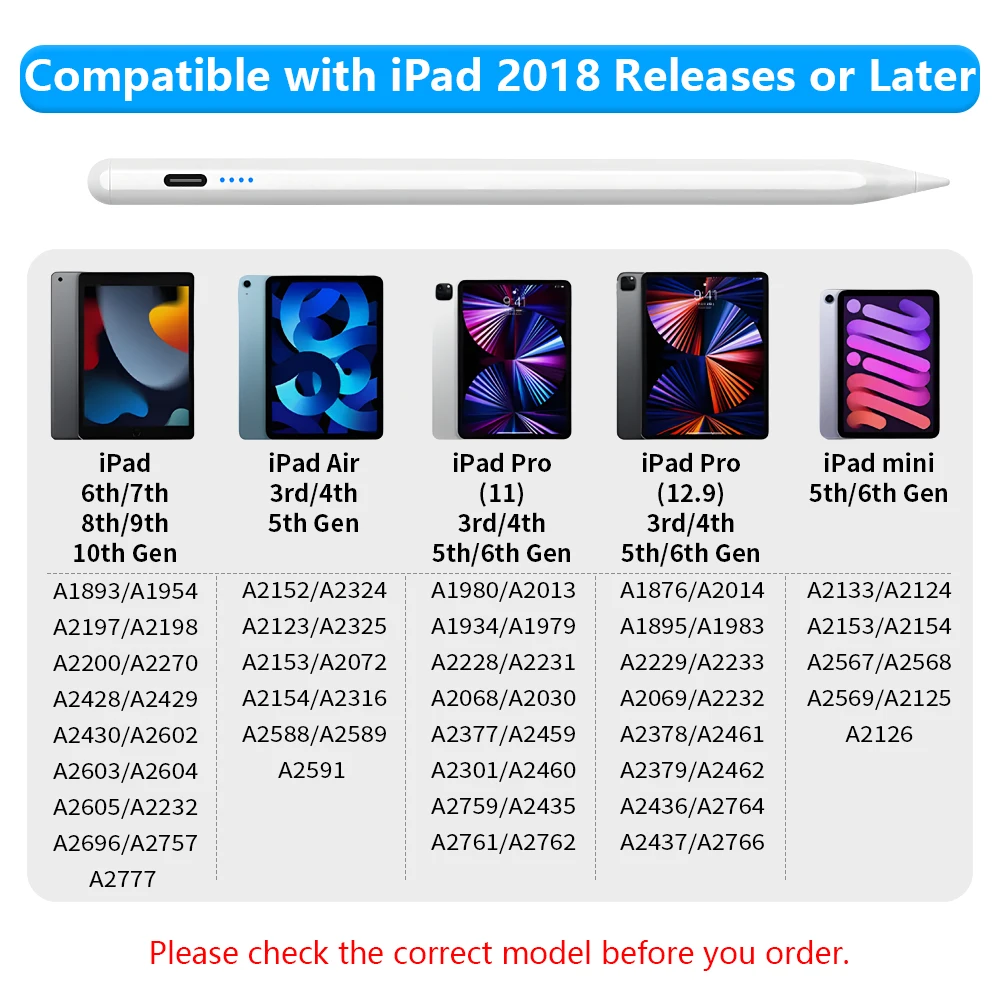 Rysik do ołówka Apple ze wskaźnikami zasilania LED Ołówek dotykowy z funkcją odrzucania dłoni na ołówek iPad 2022 2021 2020 2019 2018