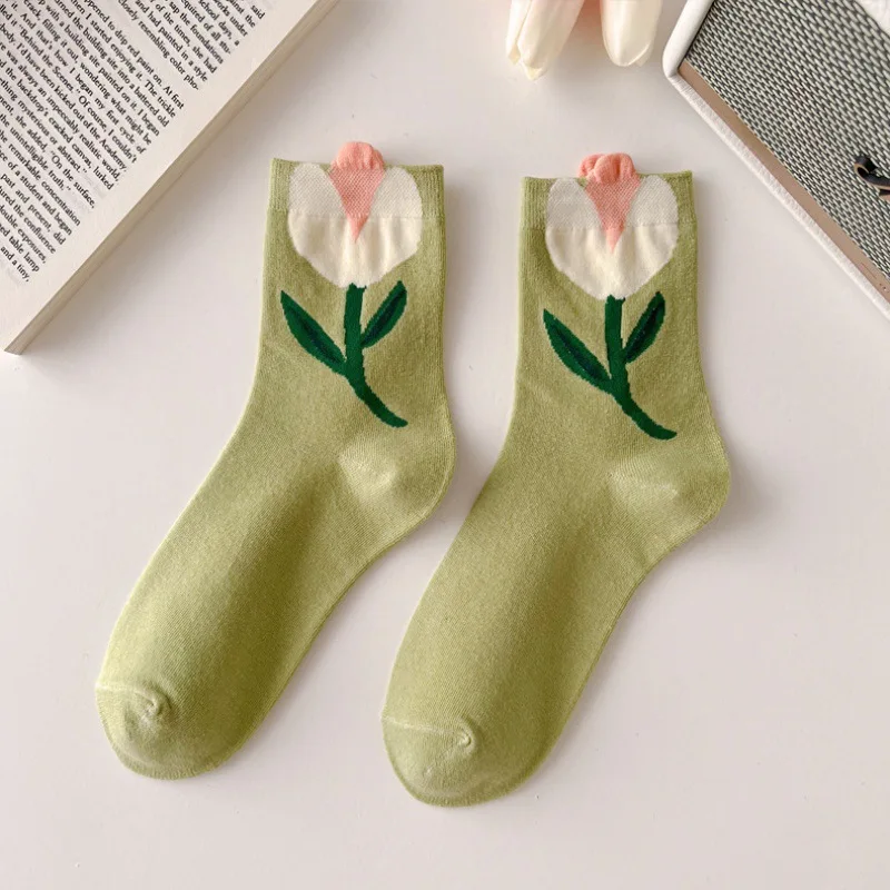 1 par de calcetines de mujer estilo japonés coreano dibujos animados flor Color caramelo Harajuku Kawaii calcetines de tubo medio calcetines cortos informales transpirables