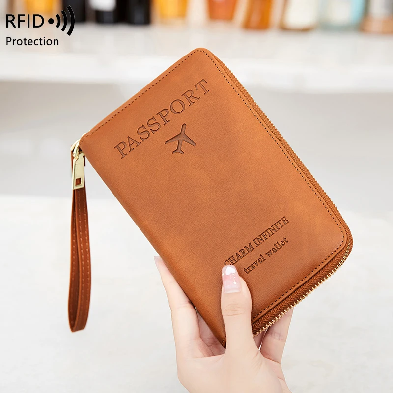 Porta-passaporte com bloqueio RFID, carteira de viagem, bilhete, bolsa para cartão de crédito, carteira multifuncional com zíper e alça de pulso, moda