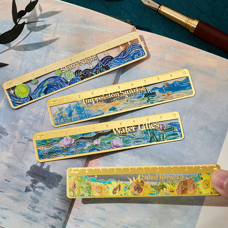 ประณีตภาพวาดสีน้ํามันองค์ประกอบไม้บรรทัด Creative Sunflower Lotus ไม้บรรทัดโลหะบุ๊คมาร์ควัดเครื่องมือเครื่องเขียนนักเรียน