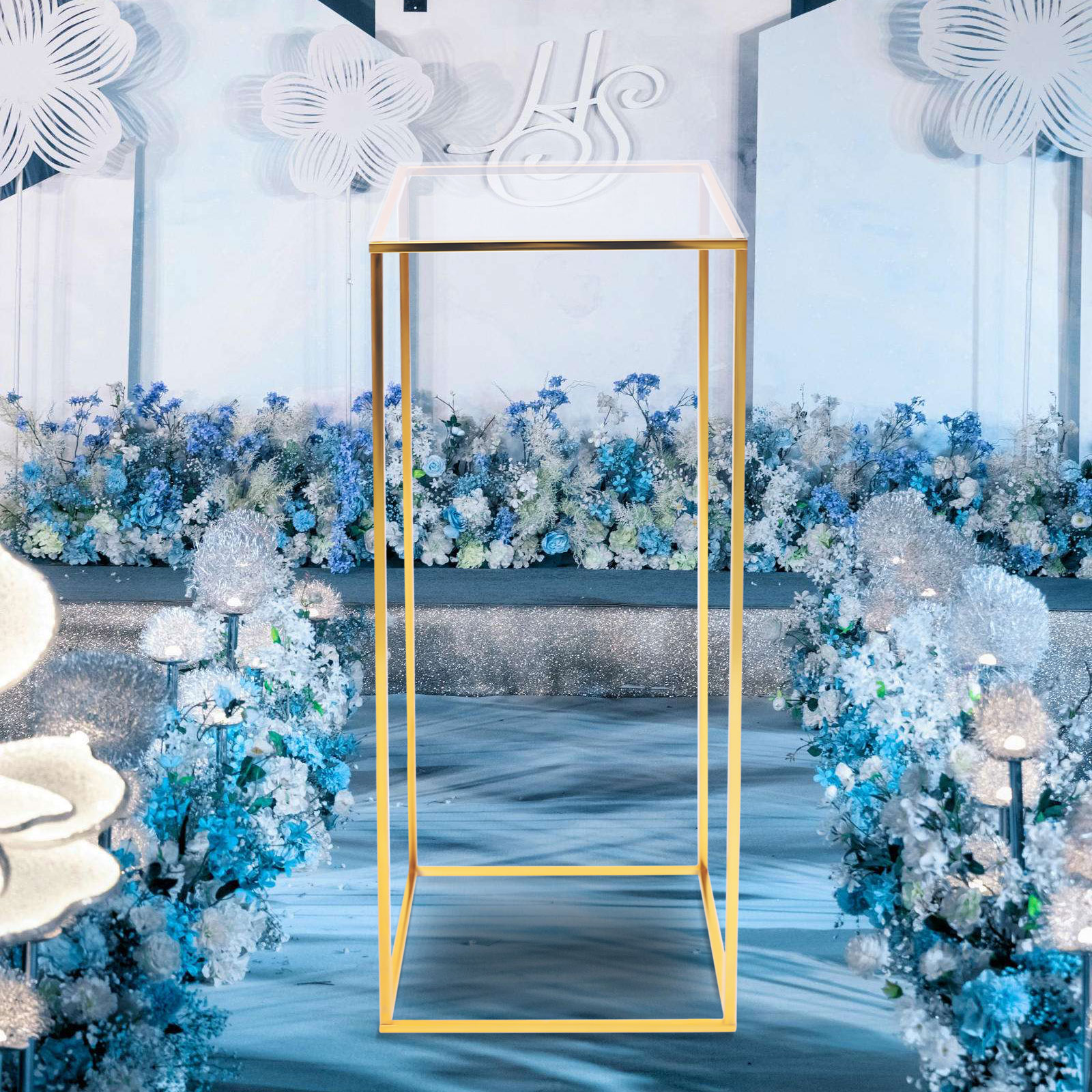 Transparent Top Flower Floor Stand Metal Column Flower Stand Arrangement For Wedding Party Dinner Centerpiece Decoration