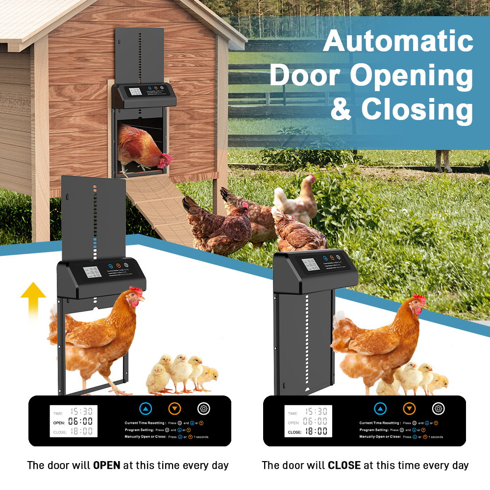Porta automática de galinheiro, alimentada por bateria, liga de alumínio controlada por indução, display lcd, porta de galinha totalmente automática