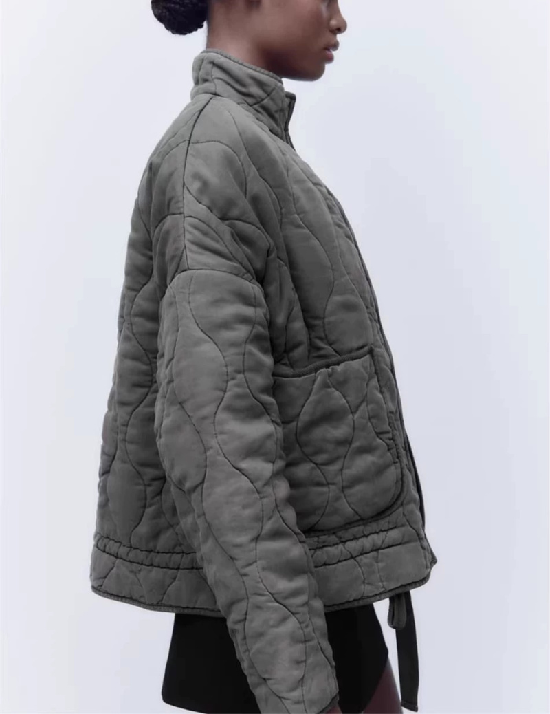 ETJ 2025 Damen neuer, modischer, gewaschener, alter, gesteppter Stehkragen, große Tasche, mit Baumwolle gepolsterter Freizeitmantel