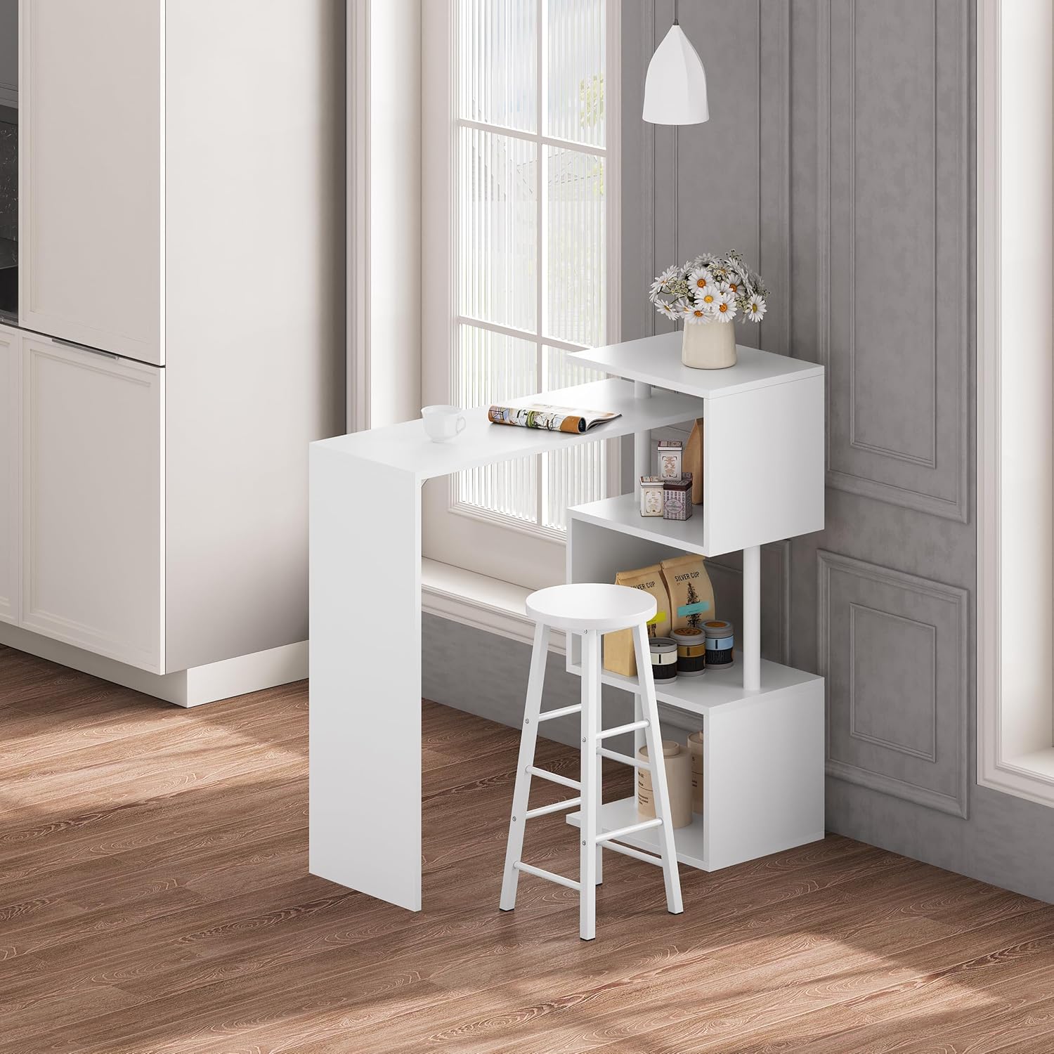 Bartisch Stehtisch Bistrotisch Bartheke Tresentisch, mit 3 Ablageflächen, drehbar, Metall, MDF, 134 x 38 x 112 cm (W x T x H), Weiß