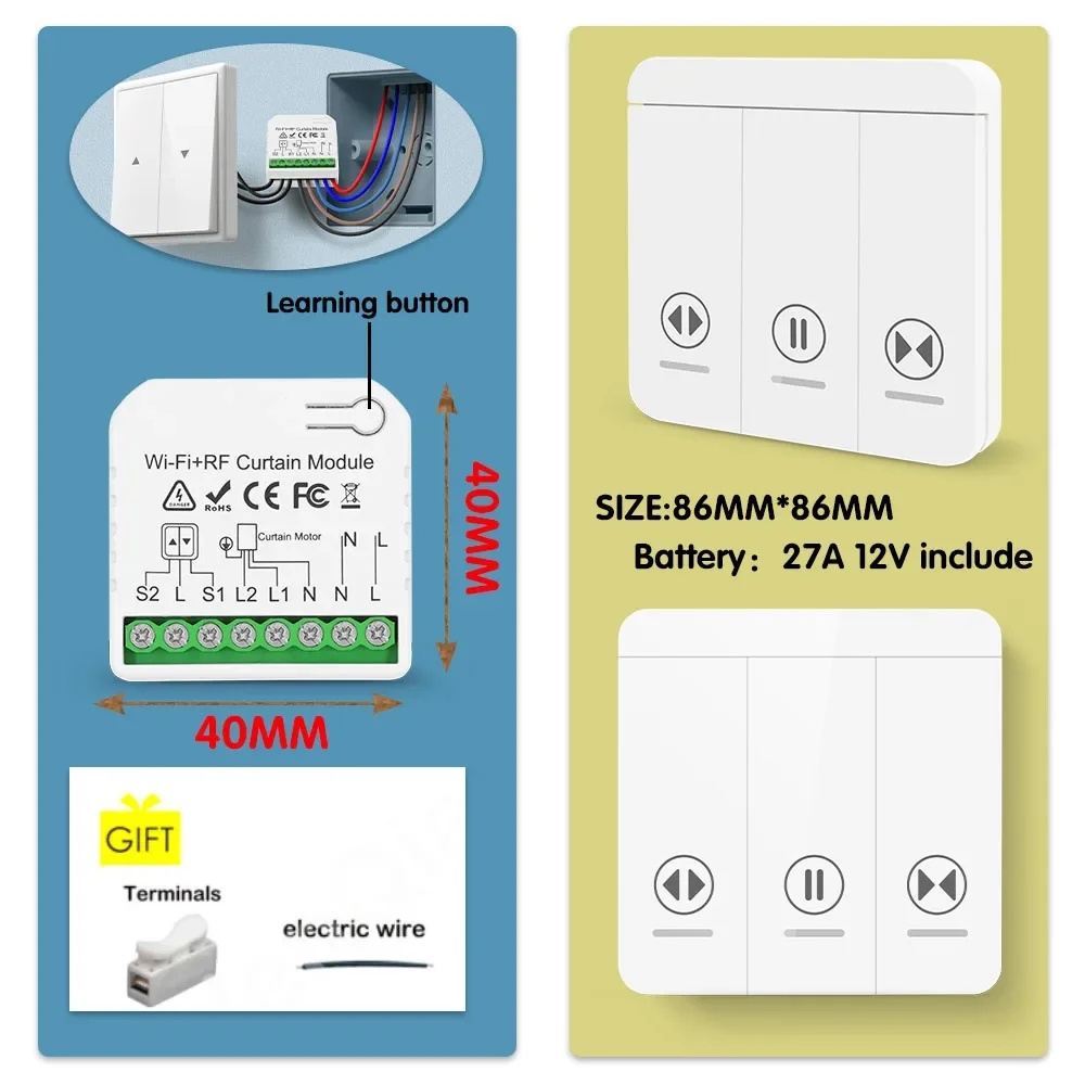 Tuya Smart Life interruptor de cortina Wifi Rf módulo de persiana enrollable 433mhz transmisor de panel de pared, para persianas de ventana de puerta de garaje Alexa