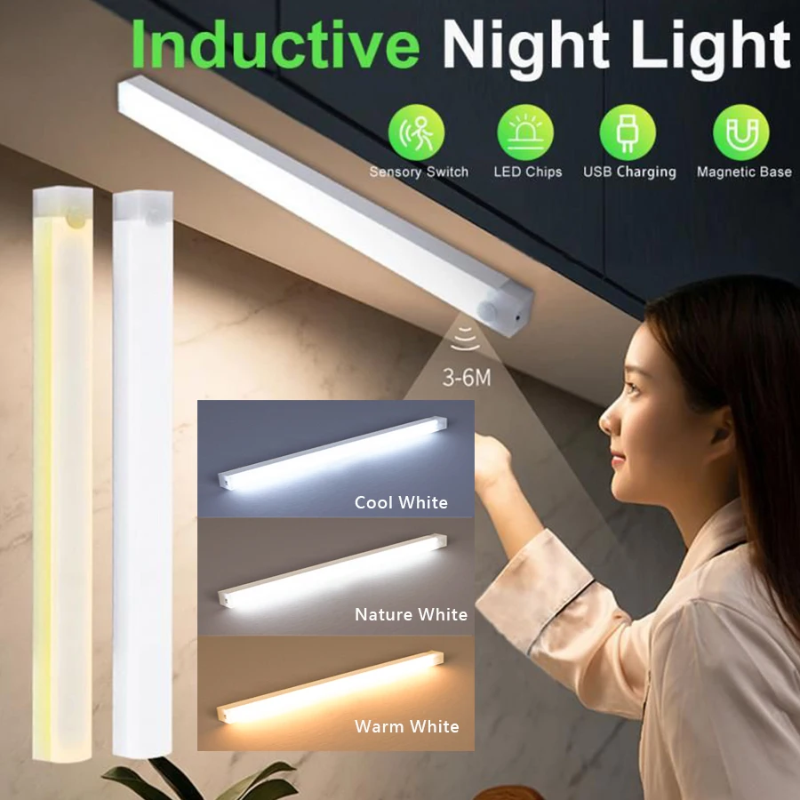 Usb tipo c recarregável sensor de movimento led barra luz indução luz noturna portátil para cozinha cabeceira guarda-roupa corredor