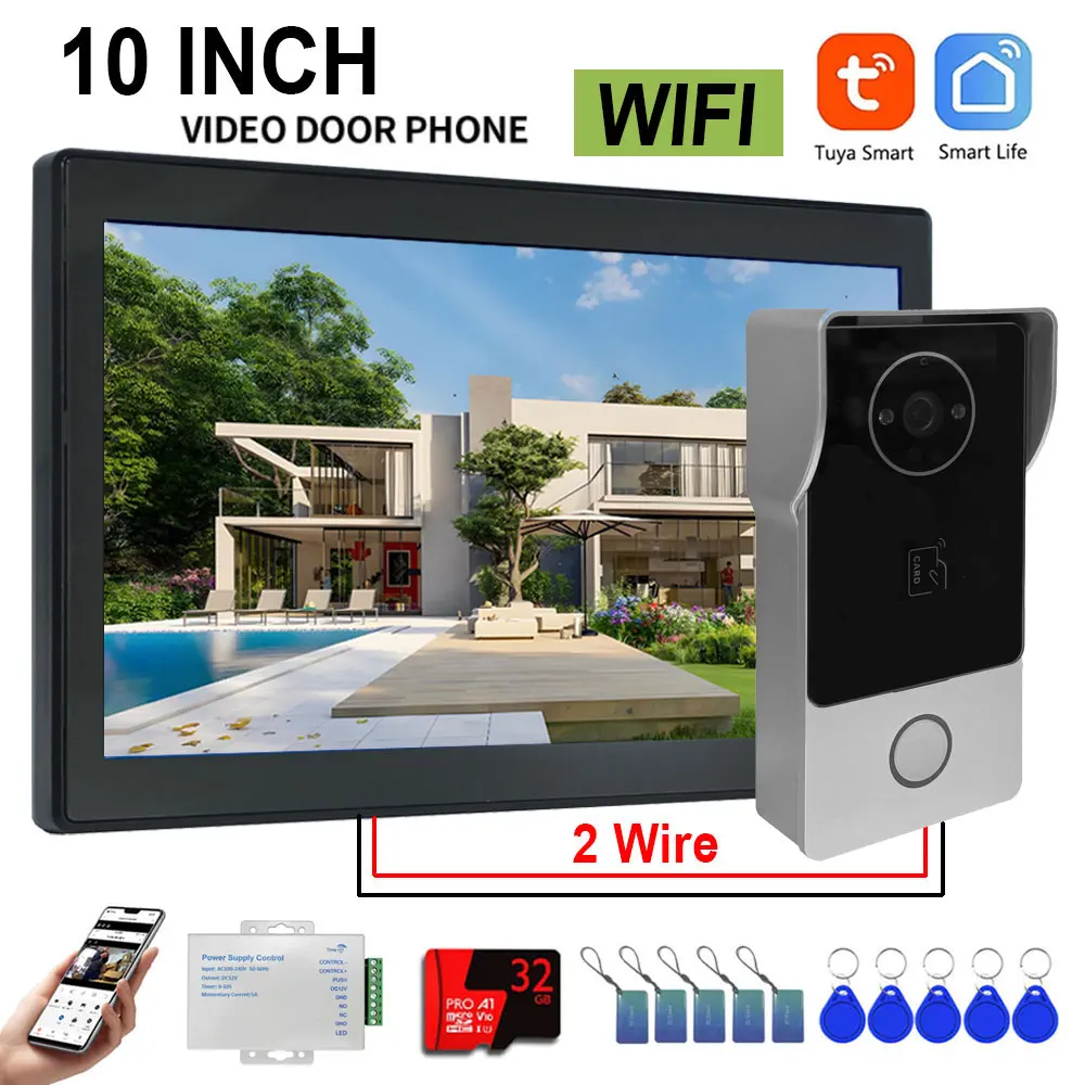 Drahtloses WLAN-Video-Türklingelsystem mit 2 Drähten, 1080P-Türsprechanlage, 10-Zoll-Touchscreen, Video-Gegensprechanlage, 32 GB SD-Karte