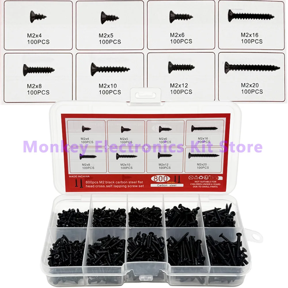 800PCS/1 Set M2 Black Phillips Self Tapping Screw Assortment Kit Locking Screws And Wood Screws