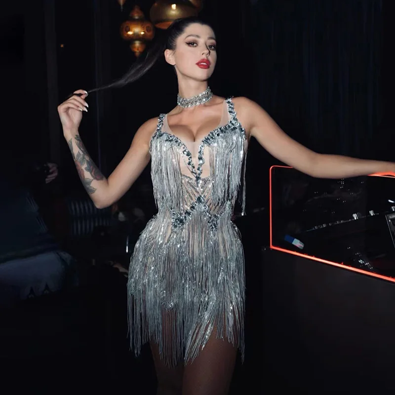 Vestido de diamantes de moda de alta gama, vestido Sexy de lujo para fiesta de cumpleaños, foto, noche, sin mangas, flecos, lentejuelas, Club, bar, nuevo