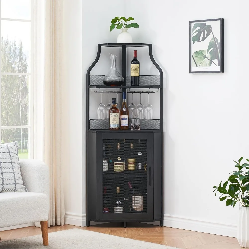 Corner Bar Cabinet, Wine Bar Cabinet with Large Storage Space and Detachable Wine Rack, Wine Cabinets with Glass Holder