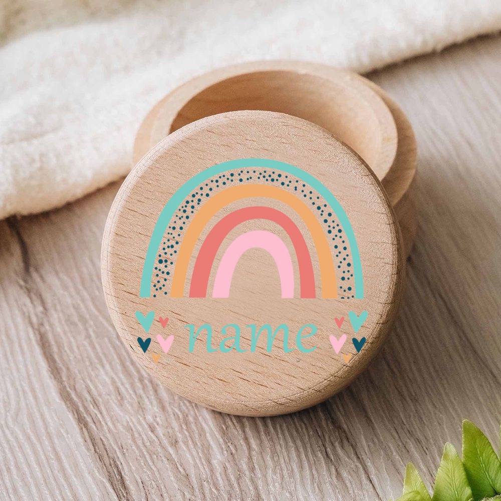 Personalised Rainbow with Name Engraved Baby Tooth Box Keepsake Teeth Umbilical Curl Hair Wooded Collect Case Infant Shower Gift