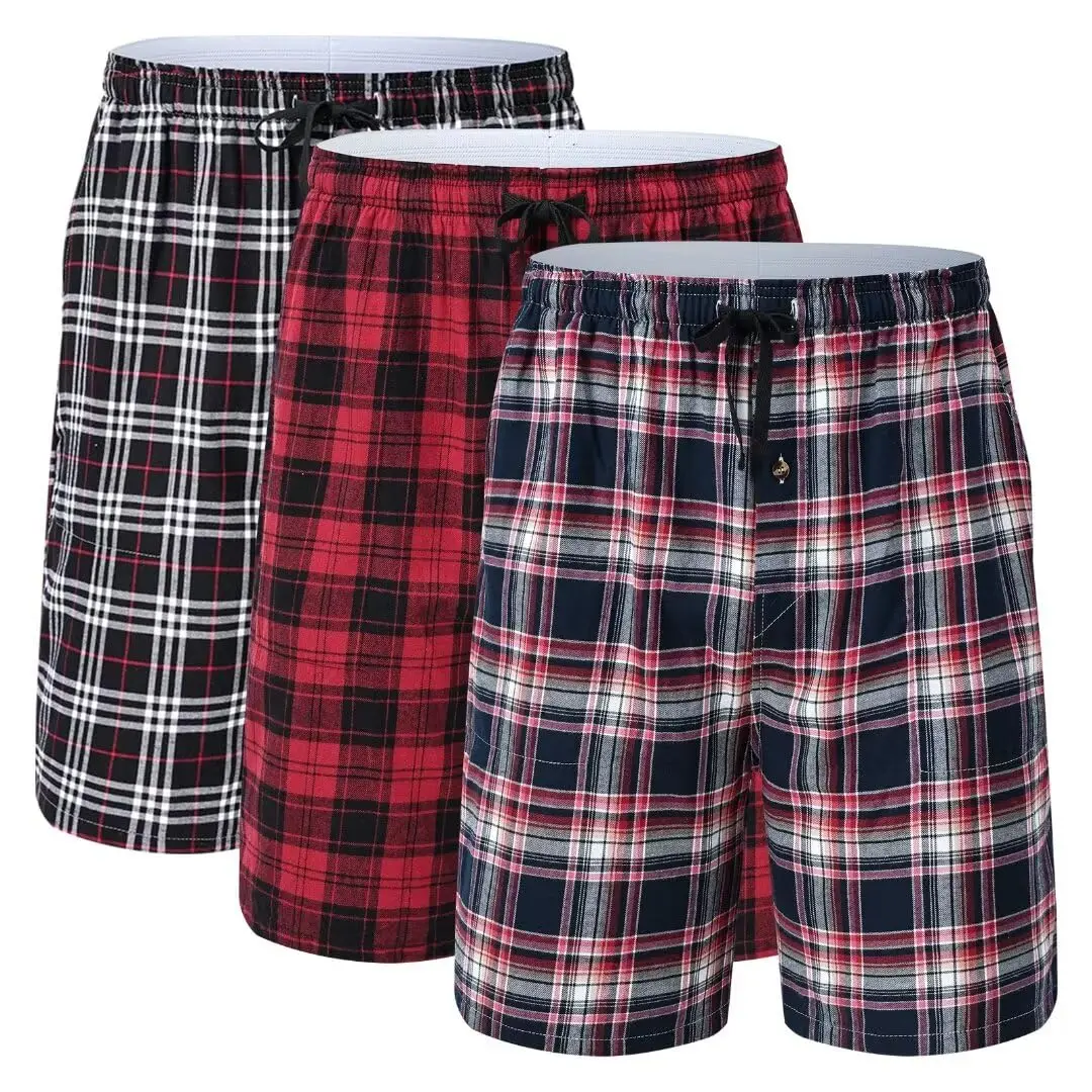 3-teiliger Herren-Unterwäsche-Boxershorts-Anzug aus 100 % Baumwolle, karierter Pyjama-Schlafhose, Hosenanzug, elastische Taillen-Shorts, Homewear