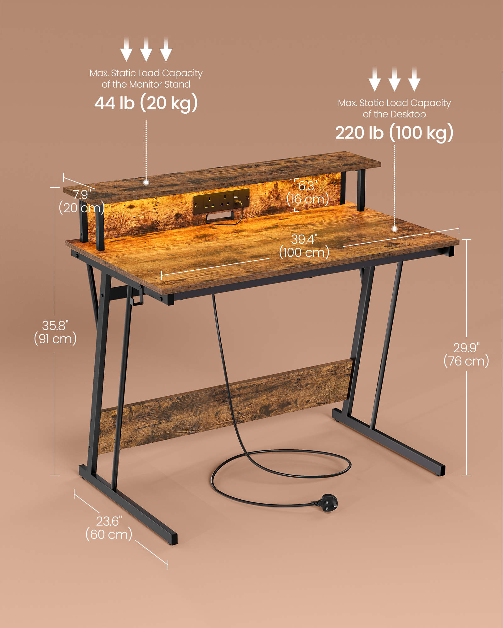 Gaming Desk with LED Lights and Built-In Power Outlets, Computer Desk with Monitor Shelf, 60 x 100 x 76 cm