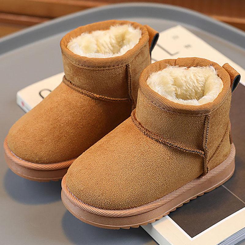 Botas de neve de pelúcia de inverno para crianças couro do plutônio grosso sapatos de algodão quente botas de pele do falso da menina do menino para o inverno