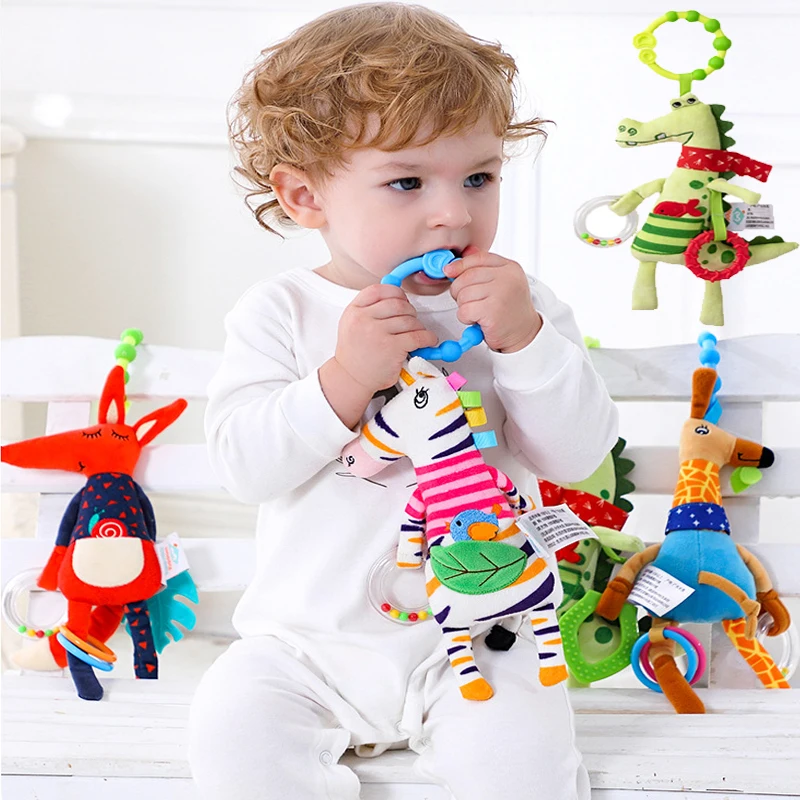 Cama de cuna infantil de jirafa suave, cochecito en espiral para recién nacidos, asiento de coche, sonajeros para bebé, juguetes con mango para desarrollo de educación temprana, regalos