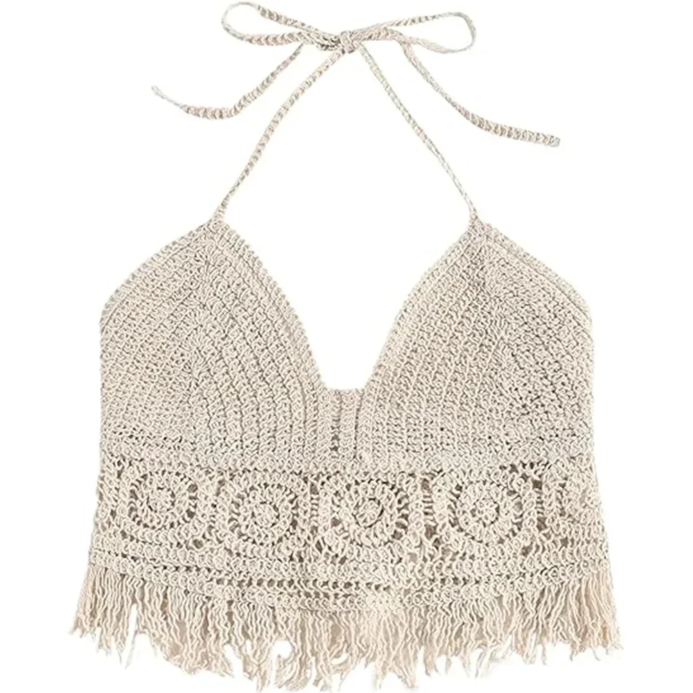 Ropa interior bohemia con flecos y espalda descubierta para mujer, ropa interior con cuello Halter y lazo, chaleco con tirantes y borlas bordadas, camiseta sin mangas corta