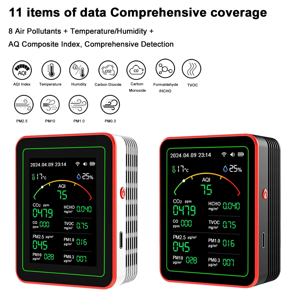 Monitor de calidad del aire WiFi 15 en 1, Control por aplicación, Detector de dióxido de carbono PM2.5 PM1.0 TVOC, Detector de CO2, probador de temperatura y humedad