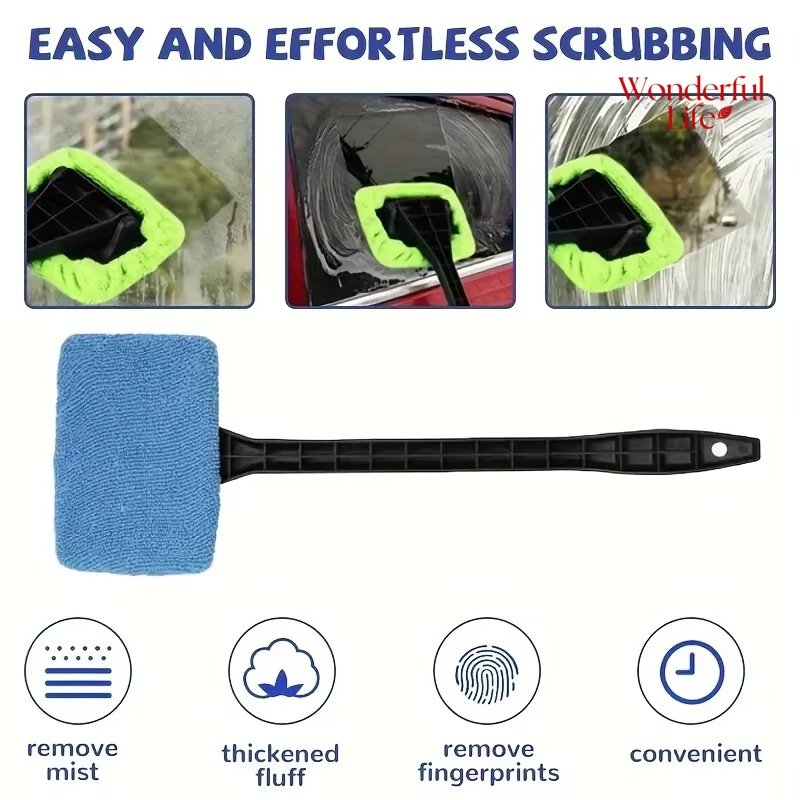Car Window Cleaner Brush Kit Microfiber Windshield Cleaning Tool Auto Interior Glass Wash Wiper Long Handle Reusable Cloth Pad