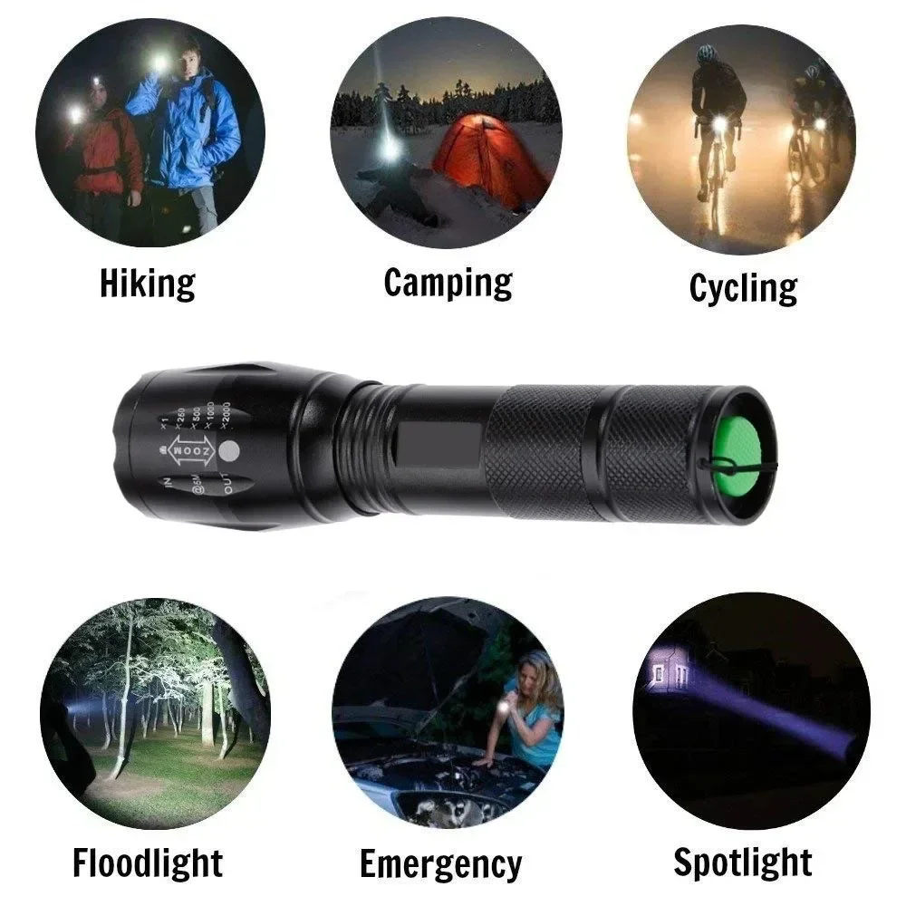 Linterna LED T6 de alta potencia, antorcha para acampar, 5 modos de luz, con zoom, resistente al agua, cuerpo de aleación de aluminio, batería externa 18650 incluida