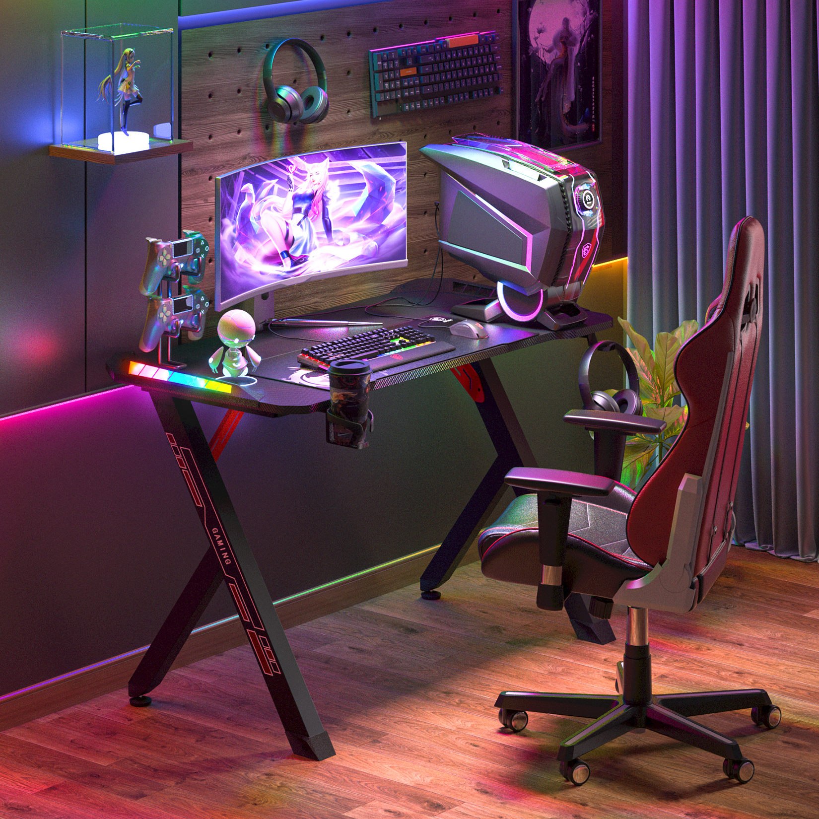 Mesa de jogos com luzes LED RGB dinâmicas Mesa de PC resistente com pernas de metal espessadas estáveis Superfície de fibra de carbono 3D
